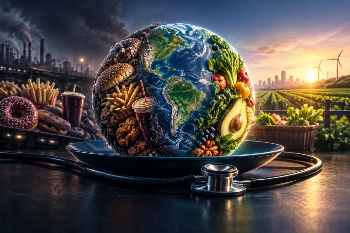 A globe half fast food and half fresh produce sits on a plate with a stethoscope, smokestacks left, farmland right.
