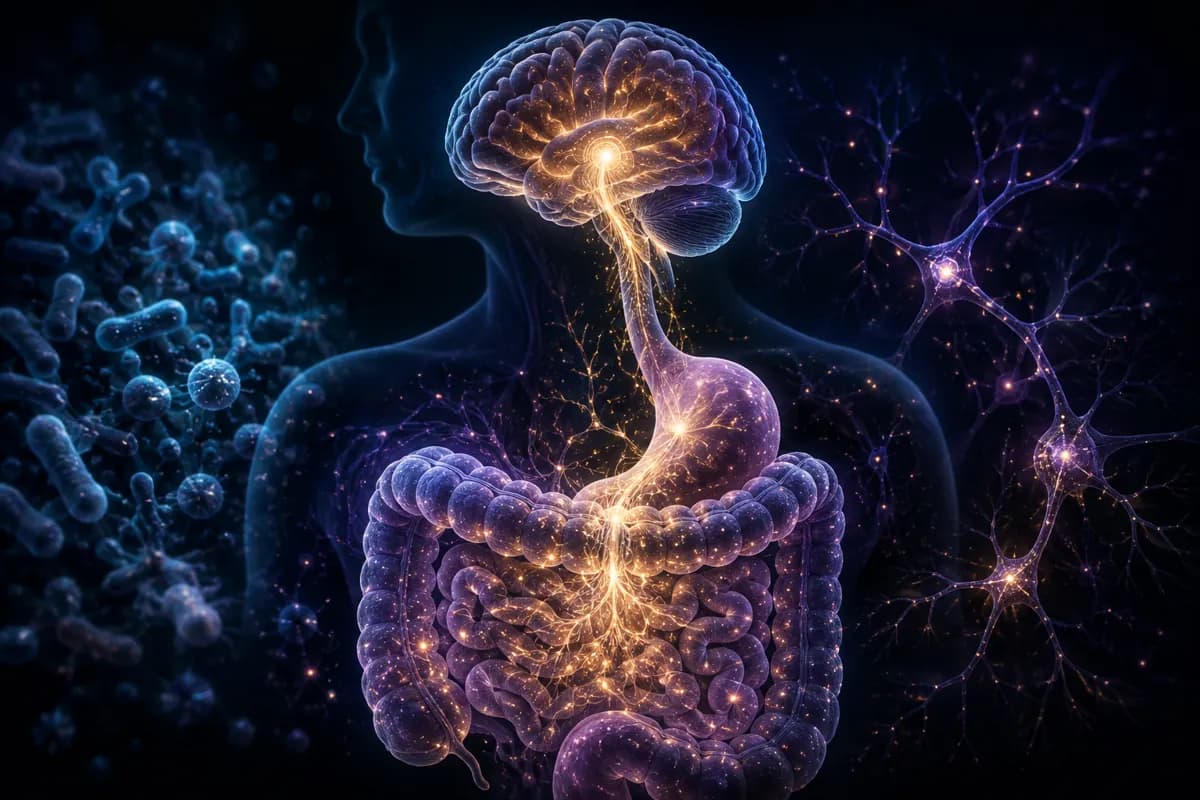 Gold nerve signals run from a glowing brain down to purple stomach and intestines, with gut bacteria alongside.