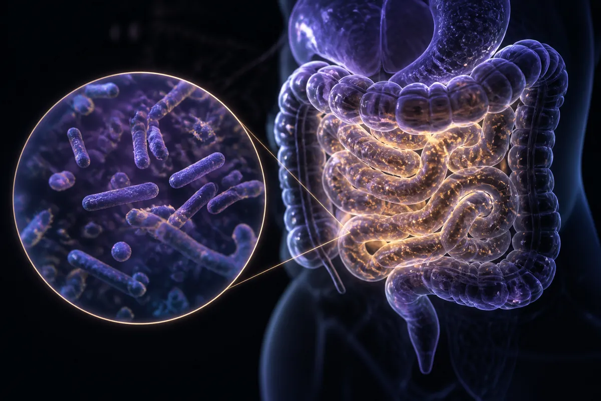 Purple translucent intestines lit gold in the small bowel, with a magnified circle of rod-shaped bacteria.