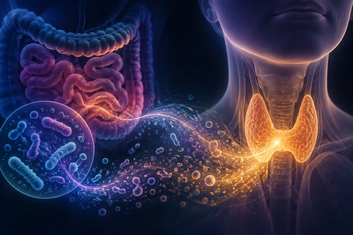 A gold-lit thyroid in a translucent neck, linked by a stream of particles to the colon and a bubble of gut bacteria.