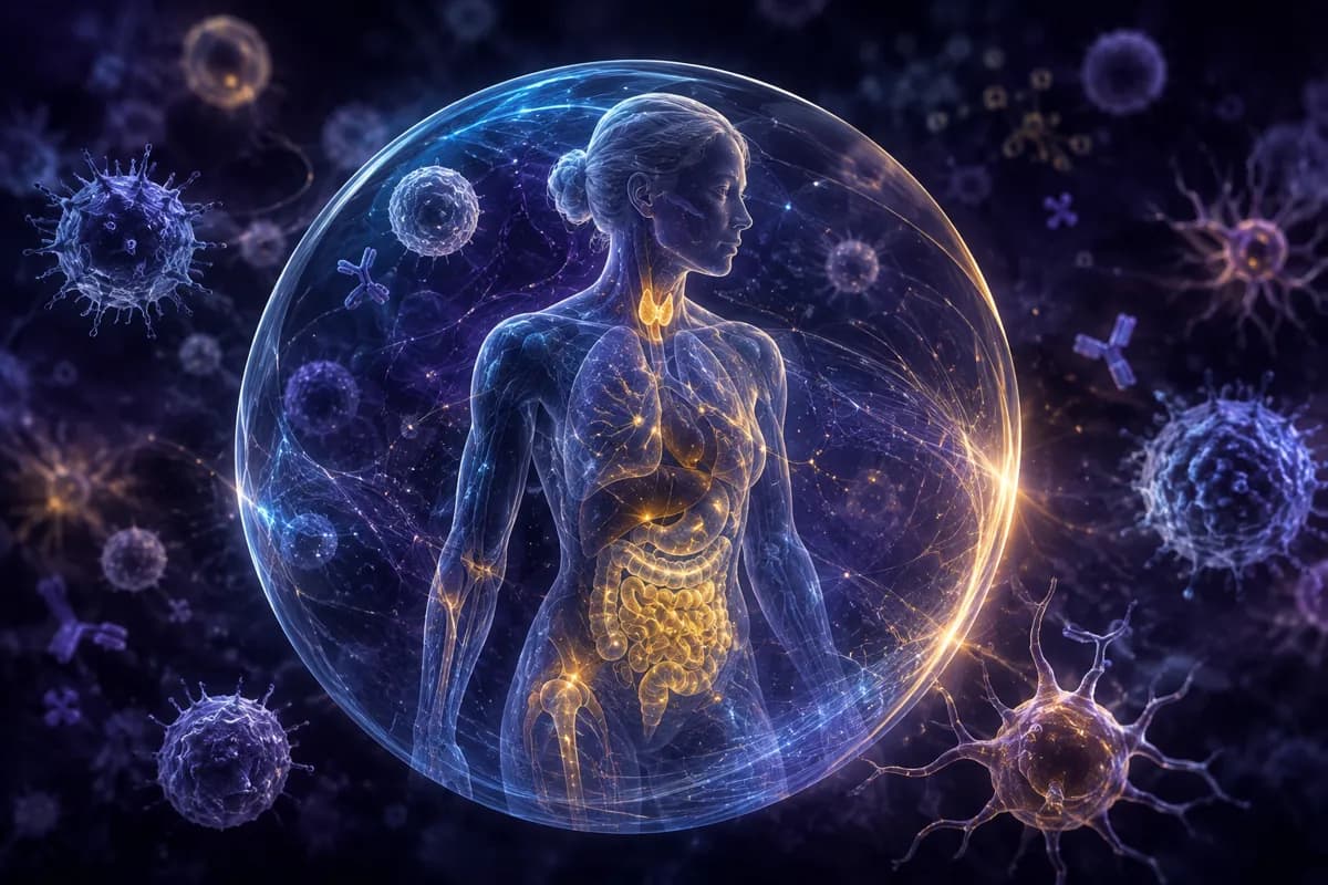 A translucent figure with gold-lit gut stands inside a glowing sphere, surrounded by immune cells and antibodies.