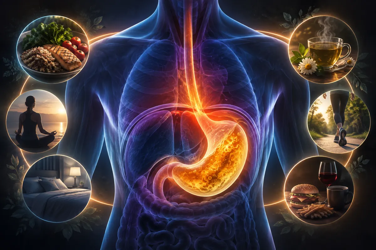 A blue translucent torso with a burning gold stomach, ringed by circles of food, tea, sleep, exercise and calm.