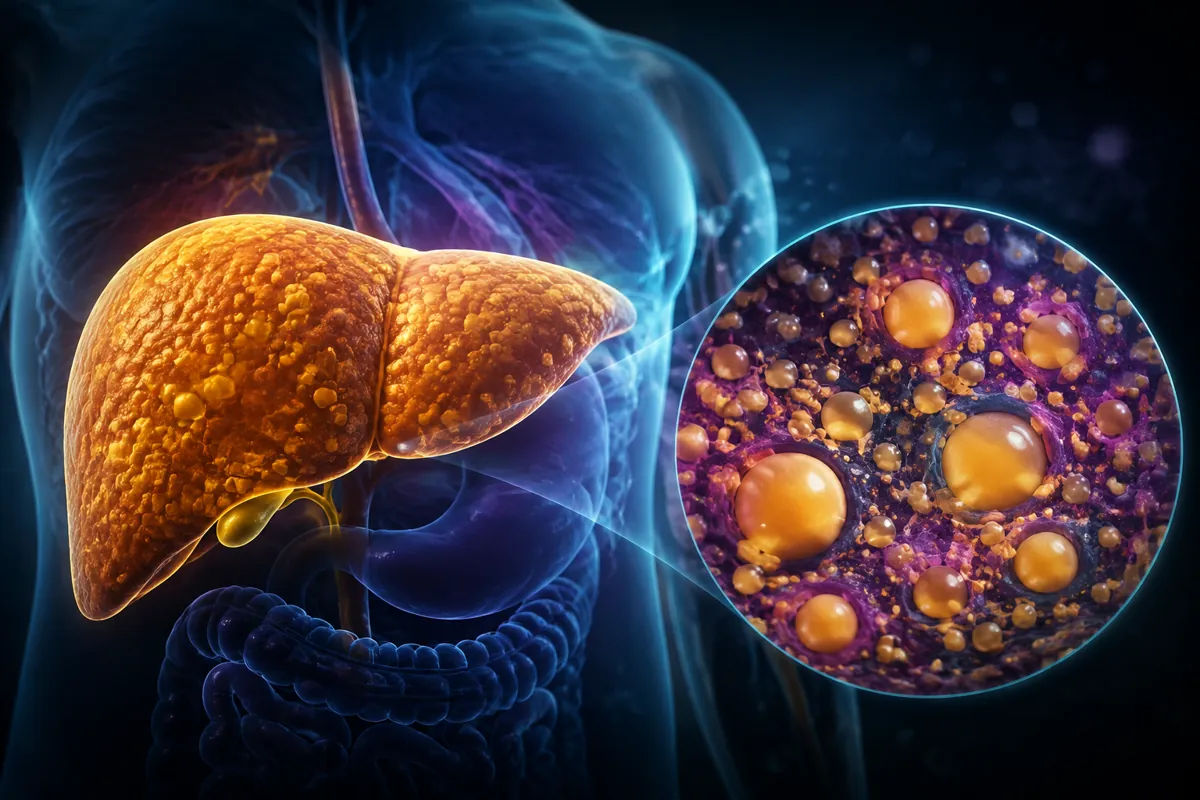 An orange fat-laden liver inside a blue translucent torso, with a magnified view of fat droplets in liver cells.