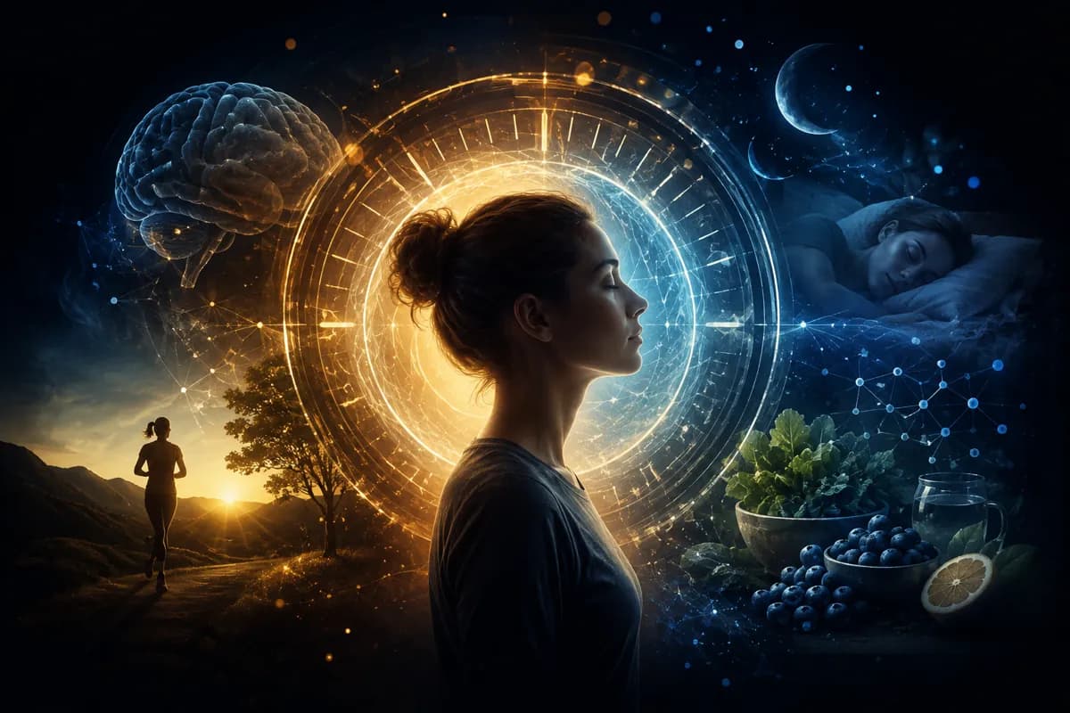 A woman in profile before a glowing gold clock ring, with a brain, a sleeper, a sunrise runner and fresh food.
