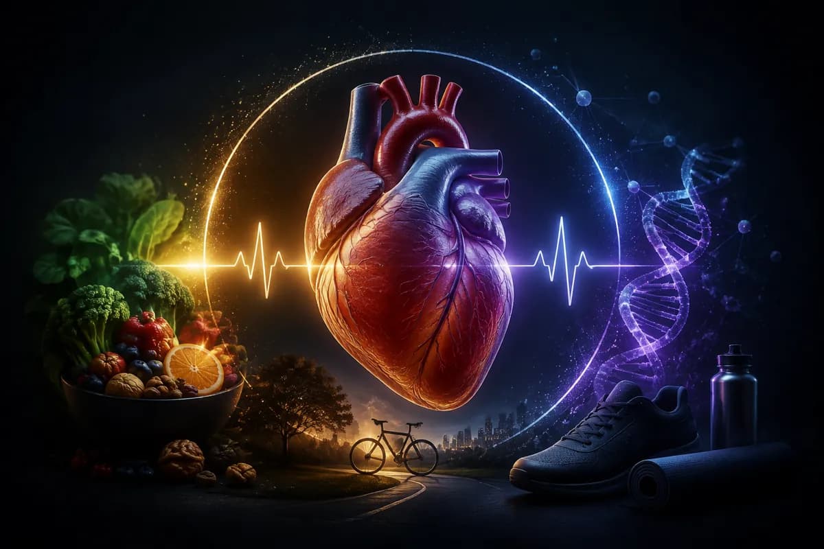 An anatomical heart inside a gold and purple ring, with an ECG line, DNA helix, vegetables, a bicycle and trainers.