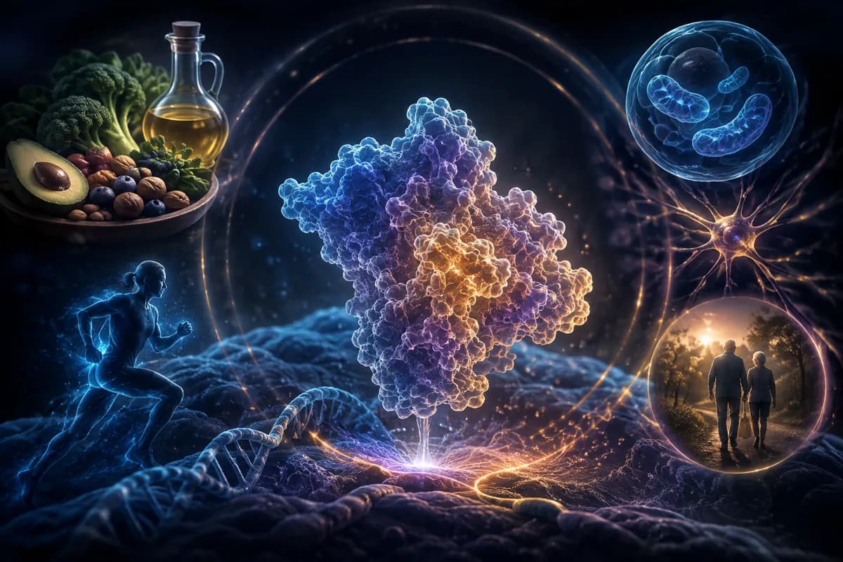 A large protein molecule rises from a DNA strand, ringed by healthy fats, a blue runner, a cell and an older couple.