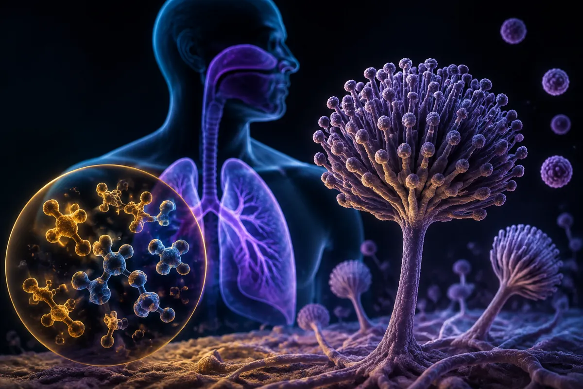A purple mould colony sprouting spores beside a translucent figure's airways and lungs, with mycotoxin molecules.