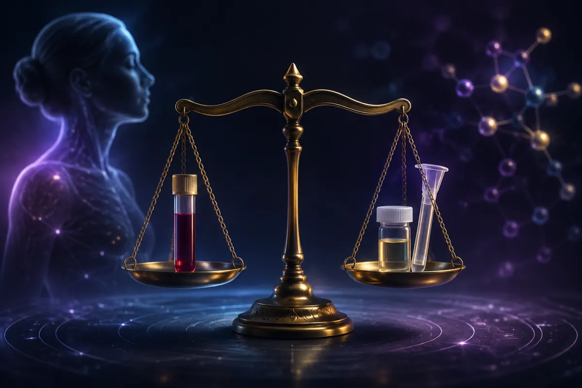 A brass balance weighing a blood tube against a urine jar and saliva vial, beside a glowing blue figure and molecules.