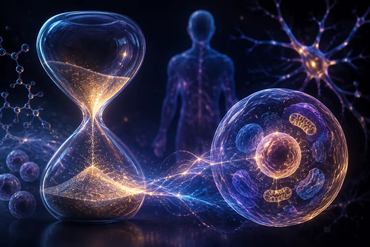 A glass hourglass of gold sand streams light into a cell with mitochondria, beside a translucent body and a neuron.
