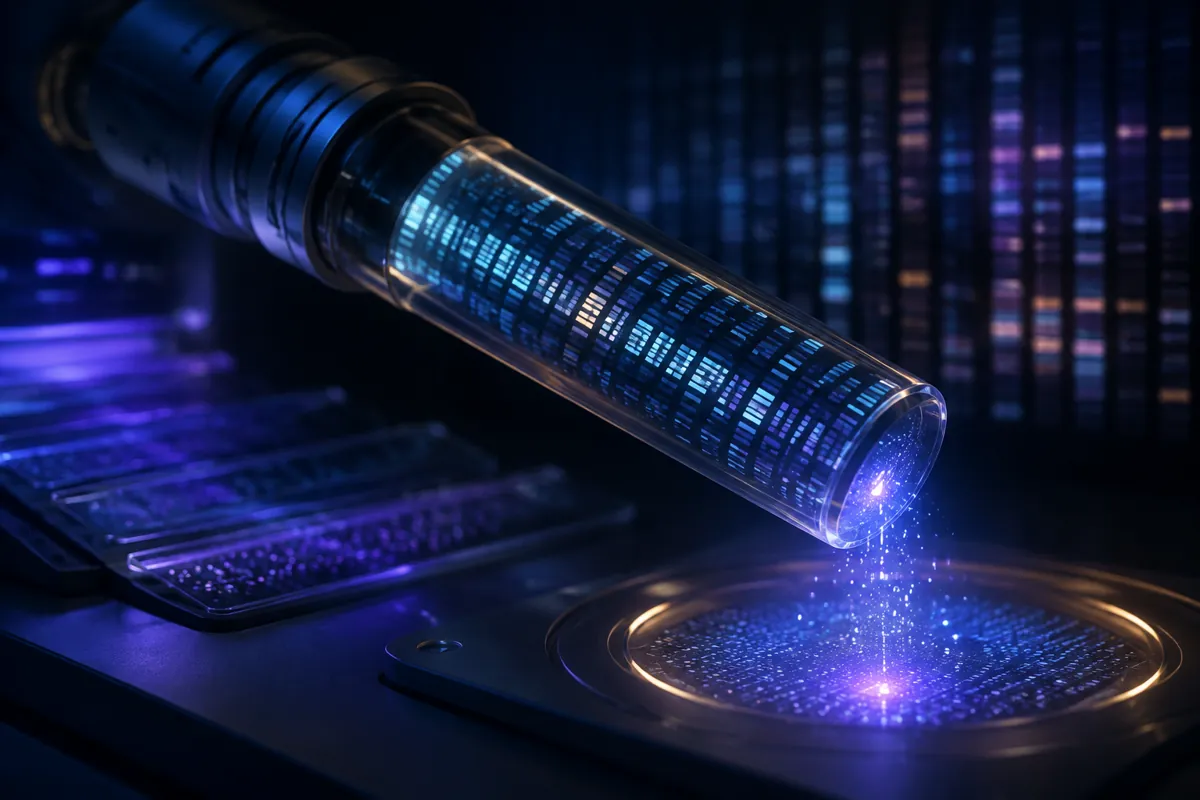 A glass tube of glowing blue genetic code drips light onto a sequencing plate, with DNA readout bands behind.