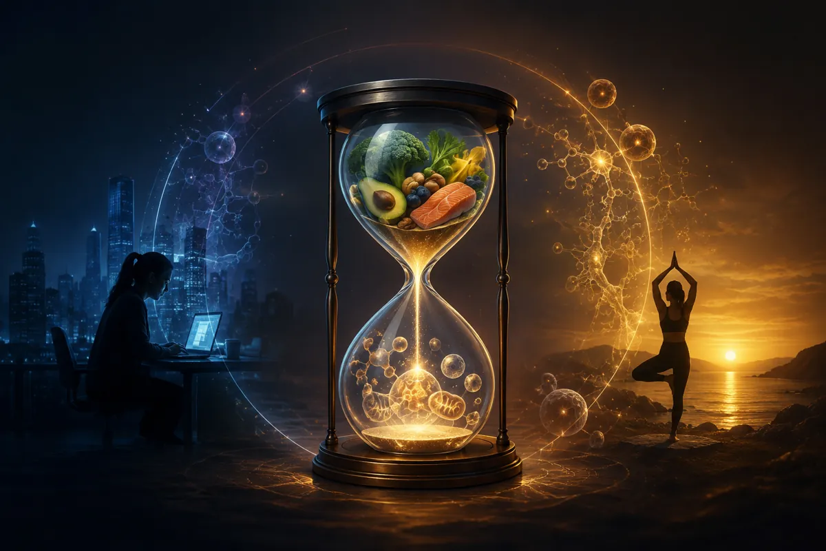 An hourglass holds salmon and vegetables above glowing mitochondria, between a night desk worker and a sunrise yoga pose.