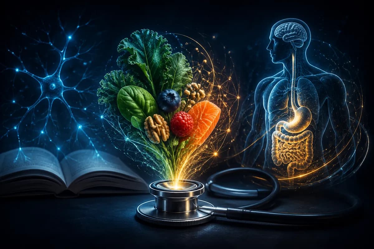 Greens, berries, walnuts and salmon burst from a stethoscope toward a translucent figure with a gold-lit digestive tract.