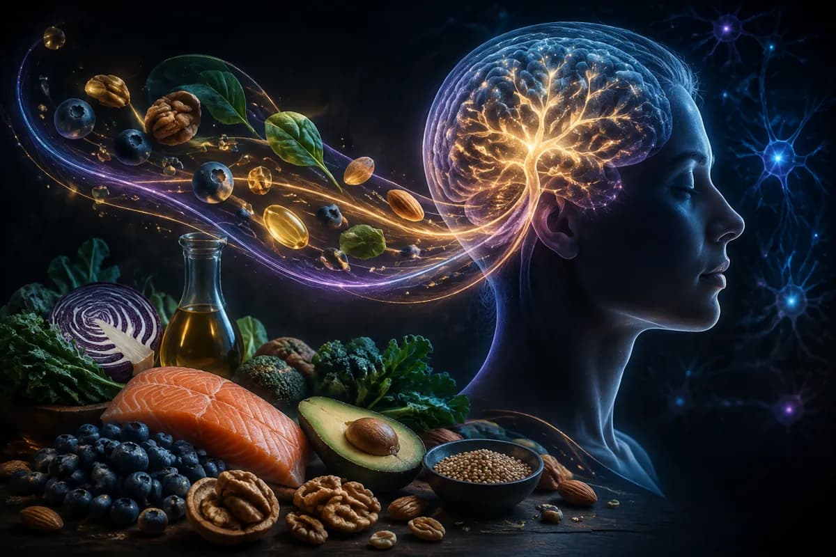 A stream of berries, greens and omega oils flows into a translucent head where gold branches light up the brain.