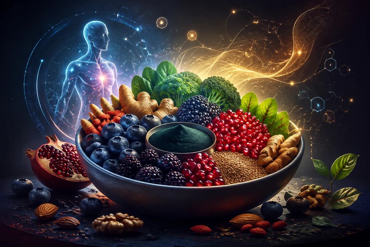 A bowl of berries, greens, ginger and spirulina powder sits before a translucent blue body and gold particle trails.