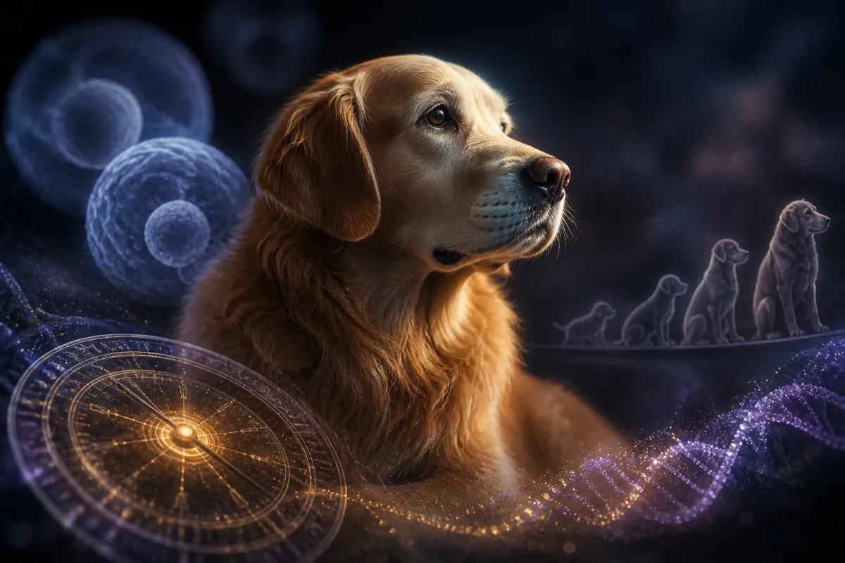 A golden retriever sits beside a glowing gold clock face and a purple DNA helix, with ghost dogs at rising ages.