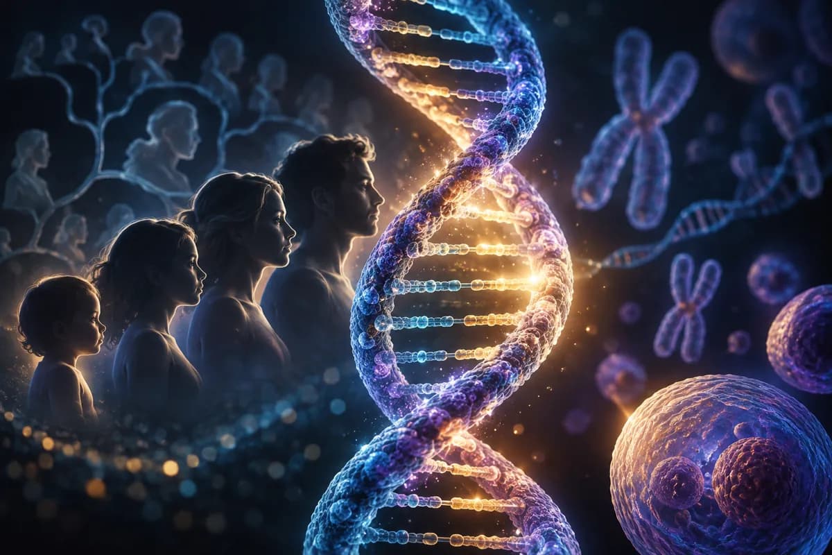 Four human profiles from infant to adult glow beside a blue and gold DNA helix, chromosomes and drifting cells.