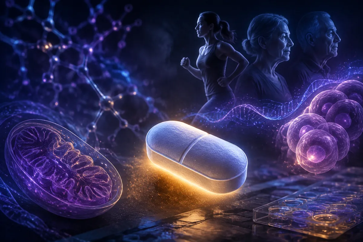 A glowing white capsule floats between a purple mitochondrion, a DNA strand and faded figures of a runner and elders.