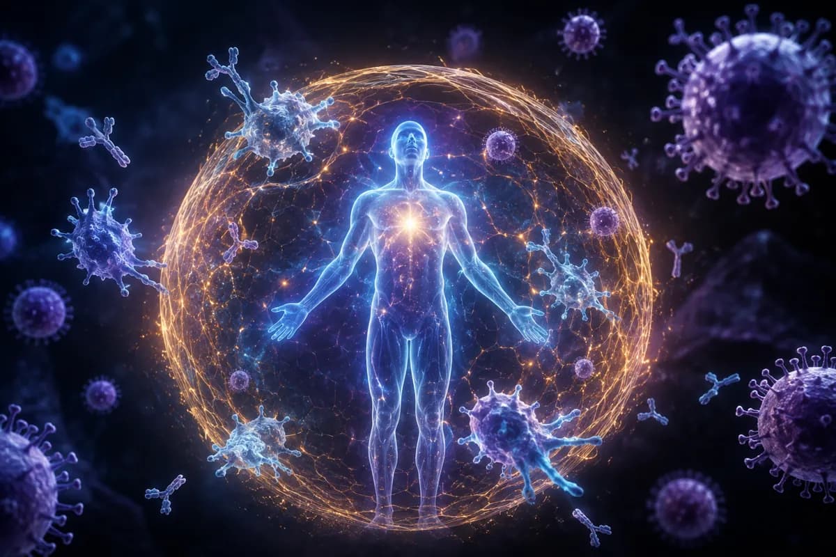 A translucent blue figure stands inside a gold lattice shield as purple viruses and blue antibodies drift past.