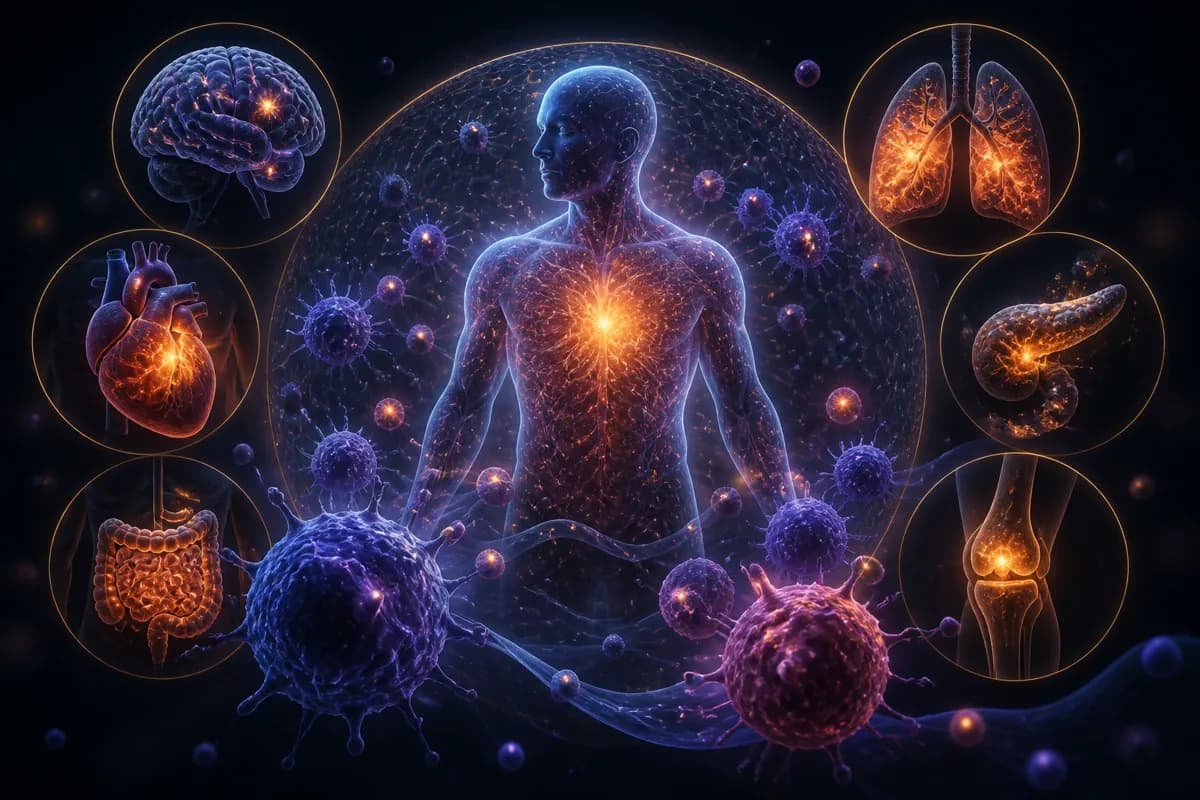Orange fire spreads through a translucent blue torso, ringed by lit insets of brain, heart, gut, lungs and knee.