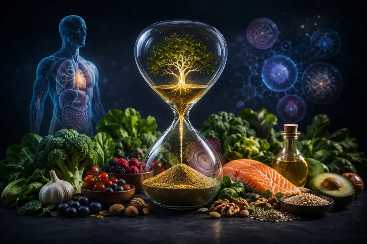 An hourglass holding a golden tree stands among salmon, greens, berries and olive oil, with a body hologram behind.
