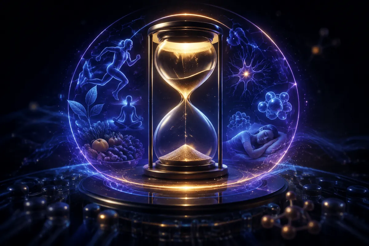 A gold hourglass sits inside a blue ring of holograms: a runner, a meditator, fruit, a neuron and a sleeping woman.