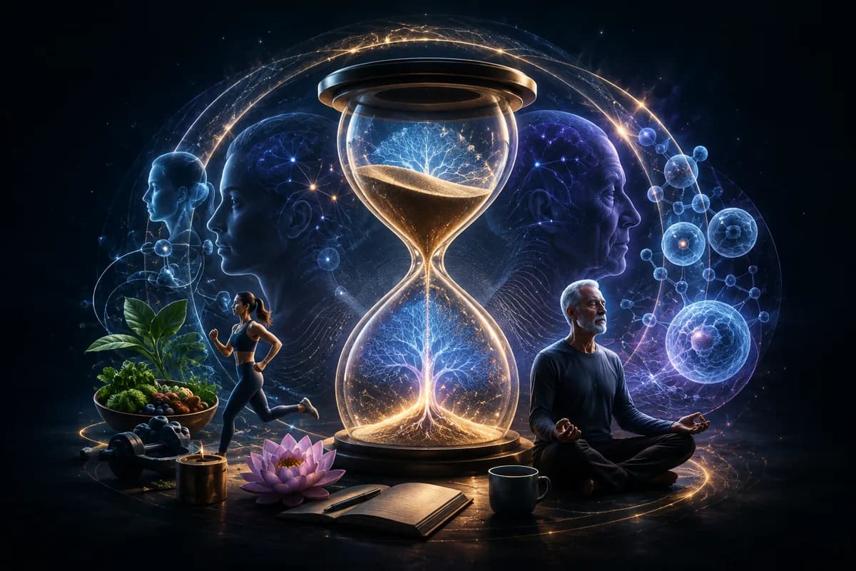 An hourglass of glowing roots stands between a running woman and a silver-haired man seated in meditation.
