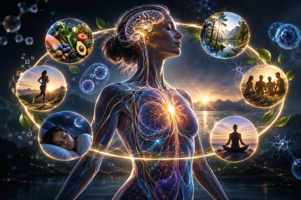 A woman's translucent body shows her lit brain and nerves, ringed by scenes of food, sleep, exercise and nature.