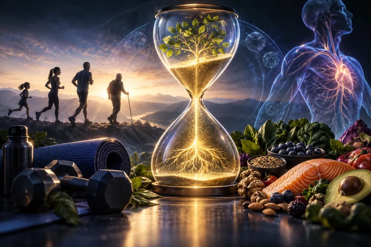 Silhouettes of four ages walk a sunrise ridge past an hourglass, dumbbells, salmon and a body with a glowing heart.
