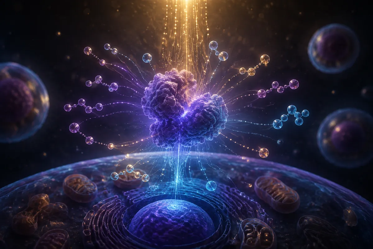 A purple protein complex at the cell's center draws in gold and blue signal streams above glowing mitochondria.