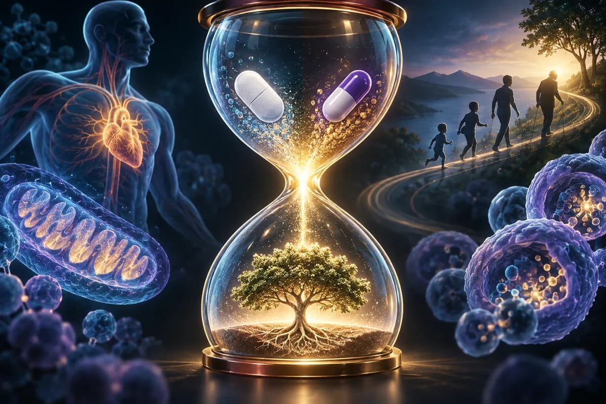 Two capsules sit in an hourglass above a rooted tree, flanked by a lit heart, a mitochondrion and purple cells.