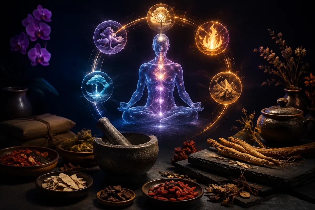A seated translucent figure with lit energy points is ringed by five element orbs above ginseng, goji and a mortar.