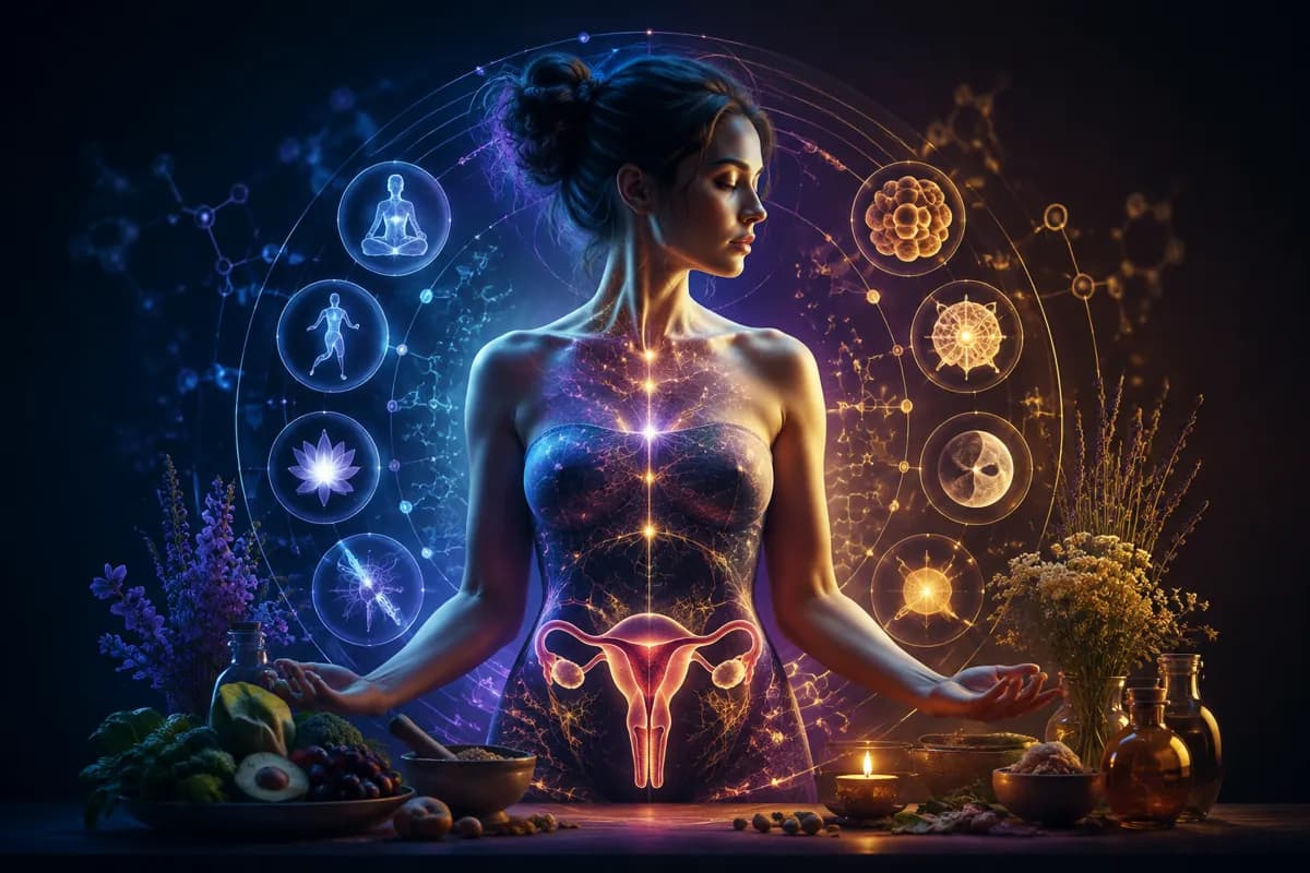 A woman's translucent torso shows a glowing uterus and ovaries, ringed by orbs of moon phases, follicles and herbs.