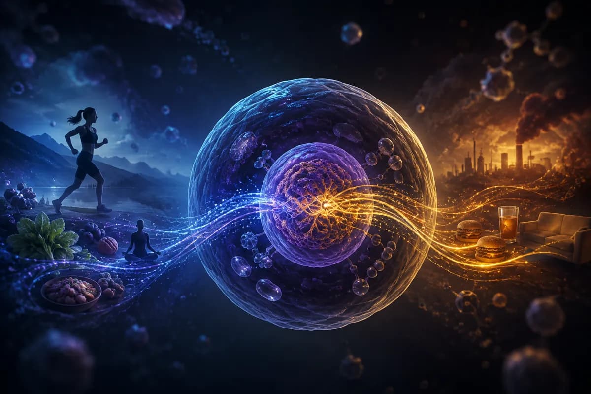 A glowing cell nucleus sits between a blue stream of produce and running and a gold stream of burgers and smokestacks.