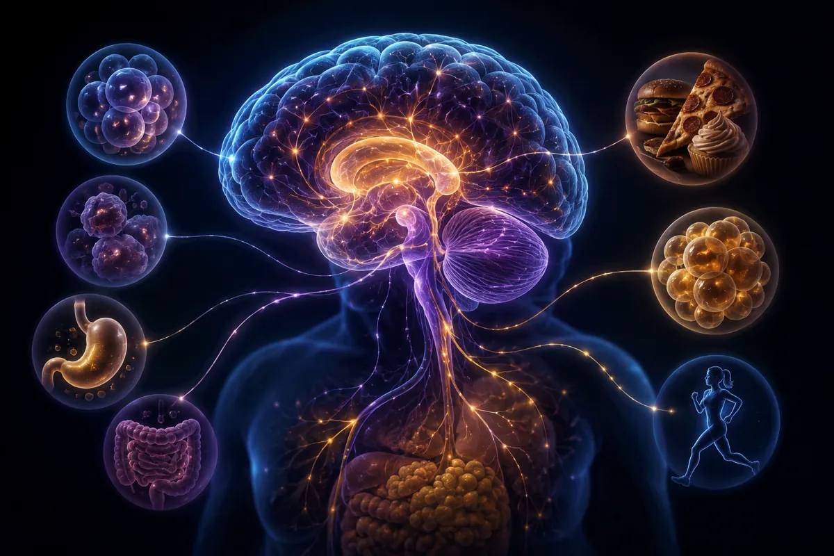 A lit brain atop a translucent torso wires out to insets of fat cells, stomach, gut, junk food and a runner.