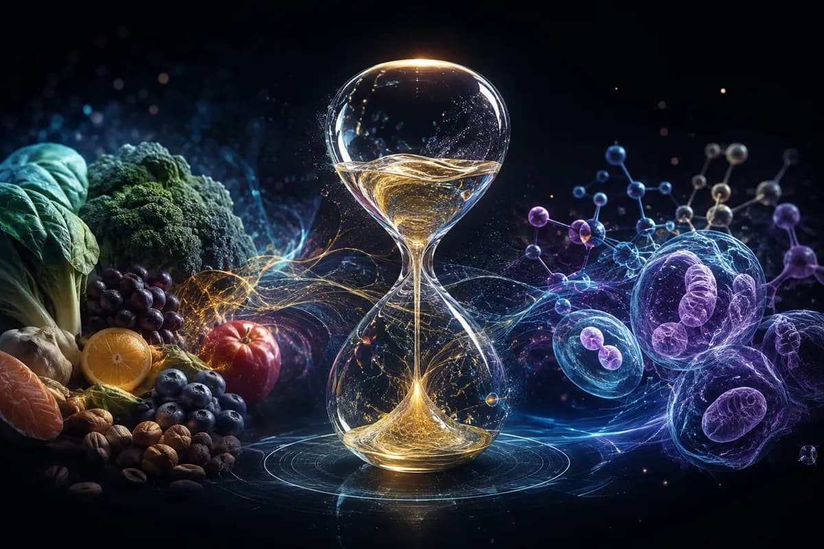 Golden light pours through an hourglass between fresh produce and salmon and blue molecules with glowing cells.
