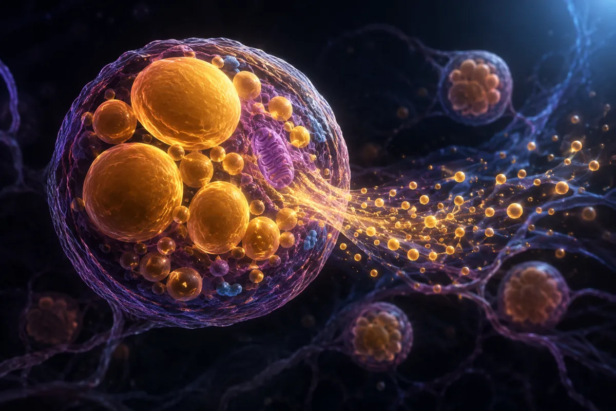 A purple fat cell packed with orange lipid droplets releases a stream of gold particles toward neighboring cells.