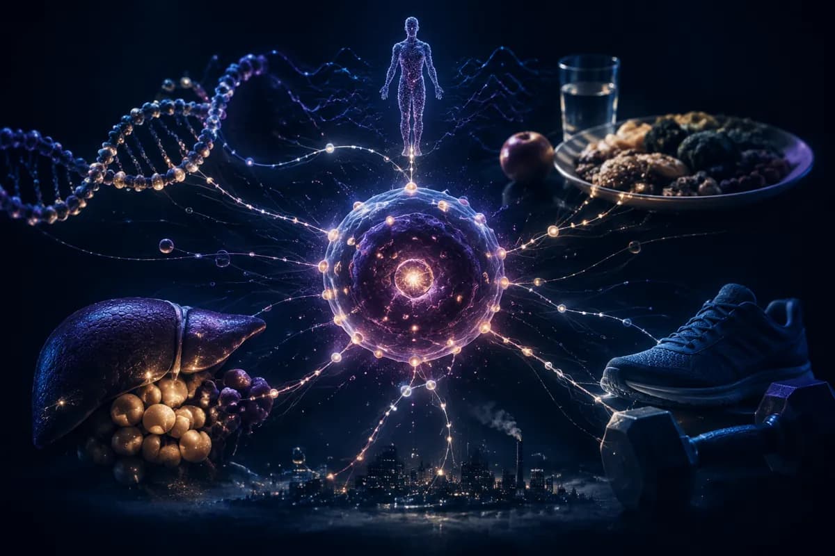 A purple energy sphere sends lit threads to a fatty liver, a DNA helix, a plate of food, a running shoe and weights.