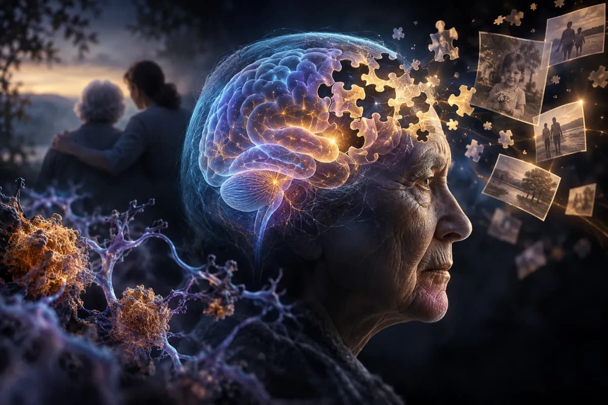 An older woman's glowing brain fragments into puzzle pieces and photo memories, with tangled neurons below.