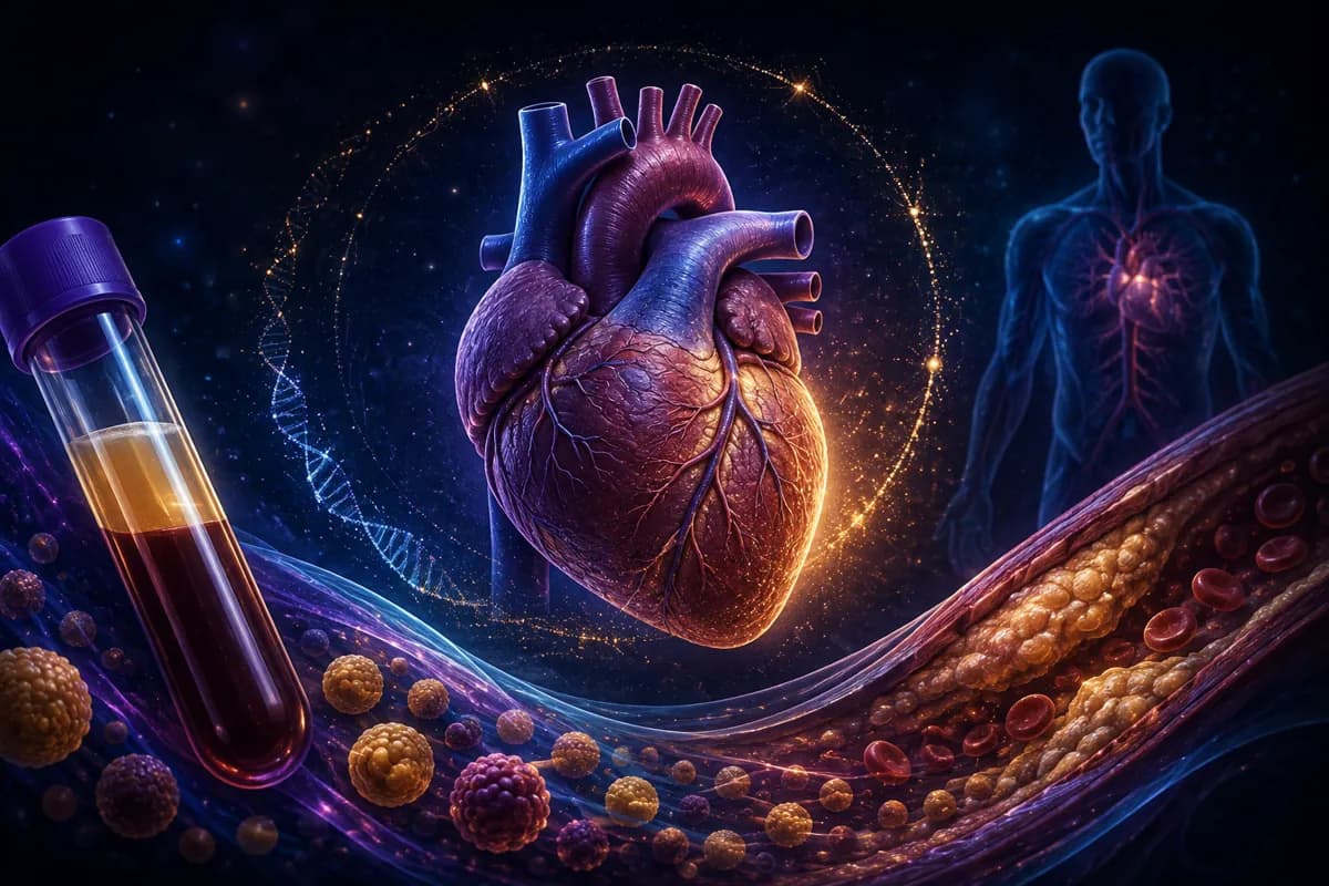 A blood tube of separated serum beside a glowing heart, with cholesterol particles crowding an artery wall.