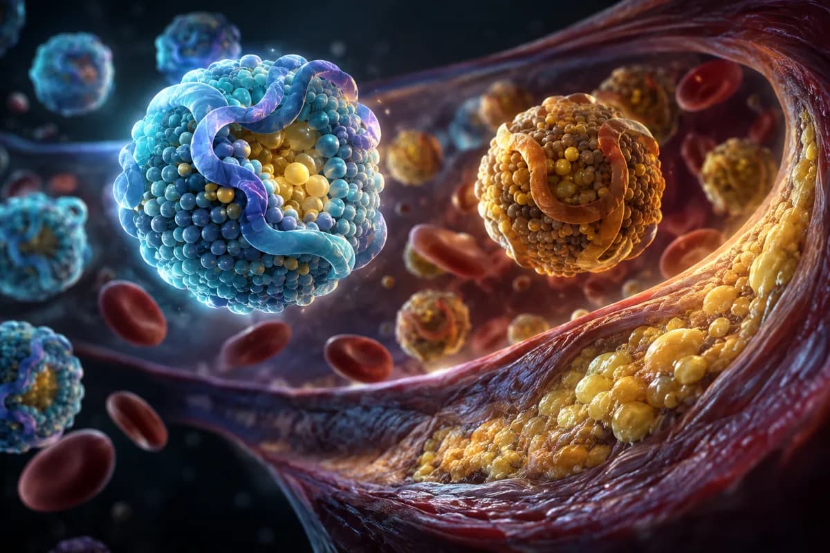 Blue and orange lipoprotein particles drift past red blood cells toward yellow cholesterol lining a vessel.
