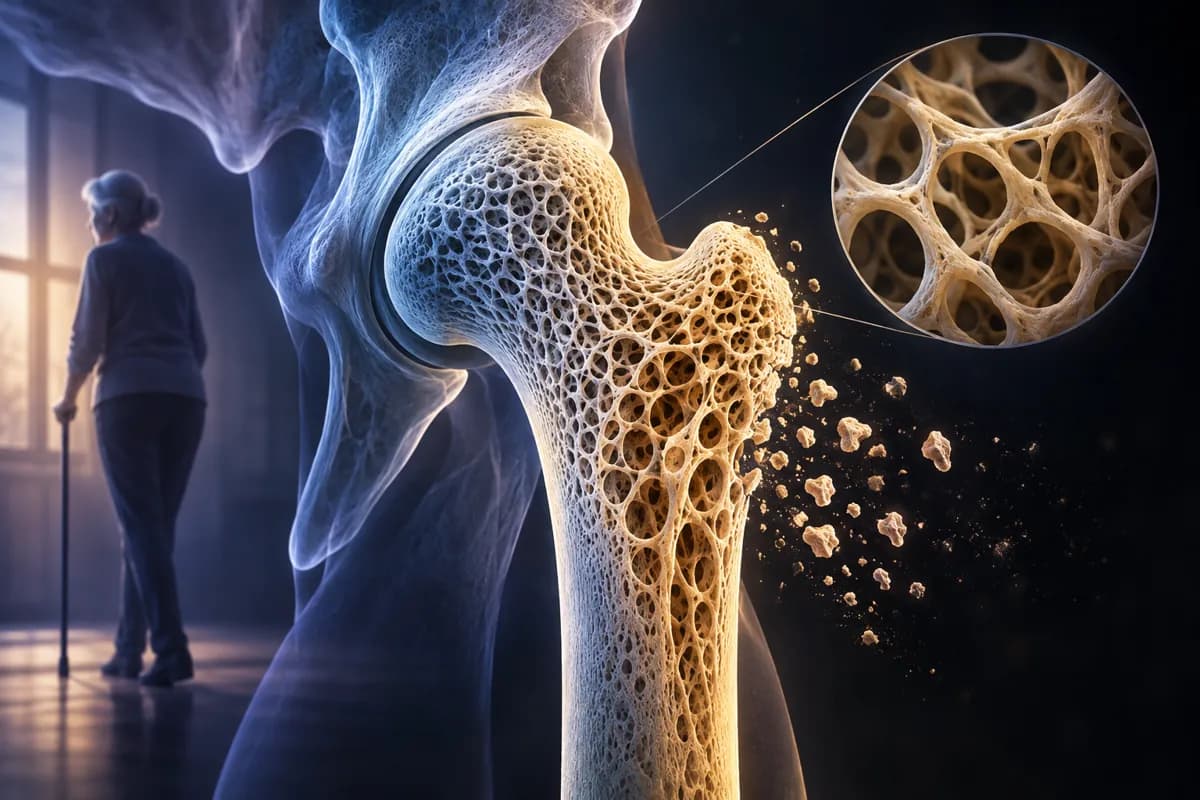 A gold porous hip bone crumbling at its edge, a magnified honeycomb inset, an older woman with a cane behind.