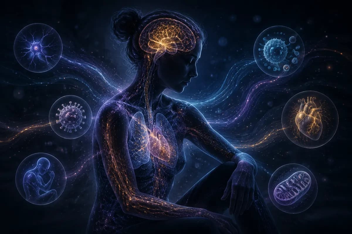 A seated translucent figure with glowing brain and lungs, ringed by orbs of virus, neuron, heart and mitochondria.