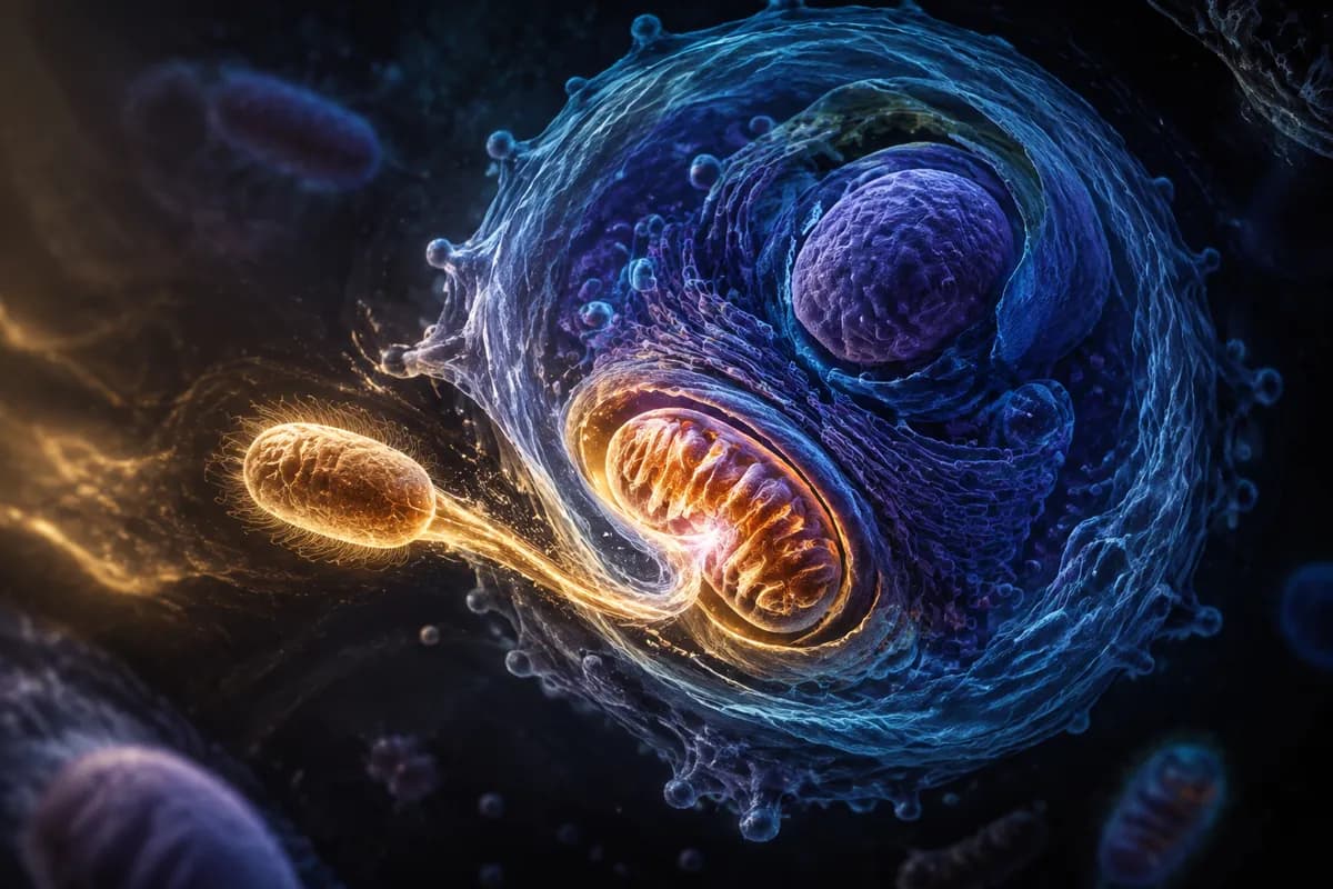 A gold mitochondrion glows inside a blue cell while a second one buds outward on a bright tether.