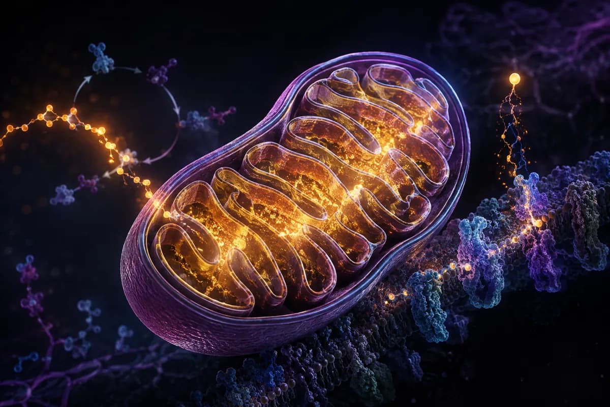 A purple mitochondrion cut open to gold folded cristae, flanked by a metabolic cycle and DNA strands.