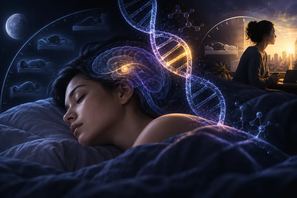 A woman asleep beneath a purple glowing brain and a DNA helix, with her rested morning self awake at dawn.