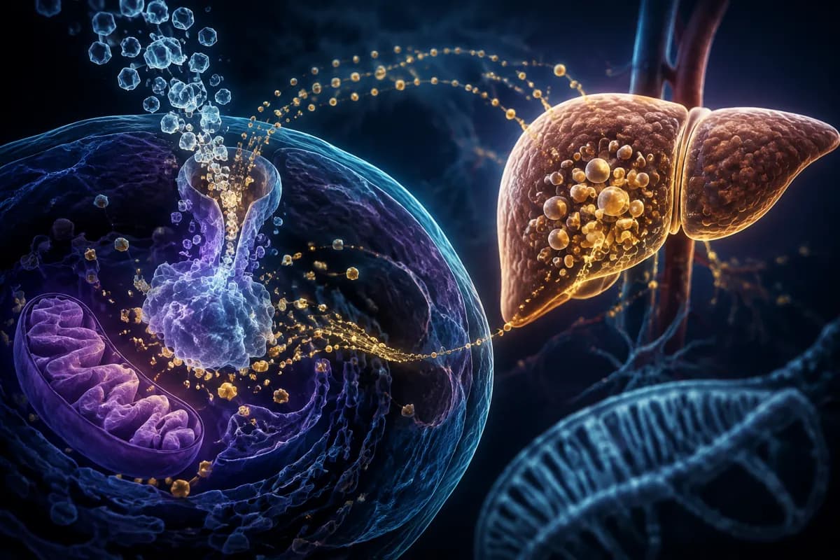 Sugar crystals pour into a blue cell and gold particle trails carry fat droplets into a glowing liver.