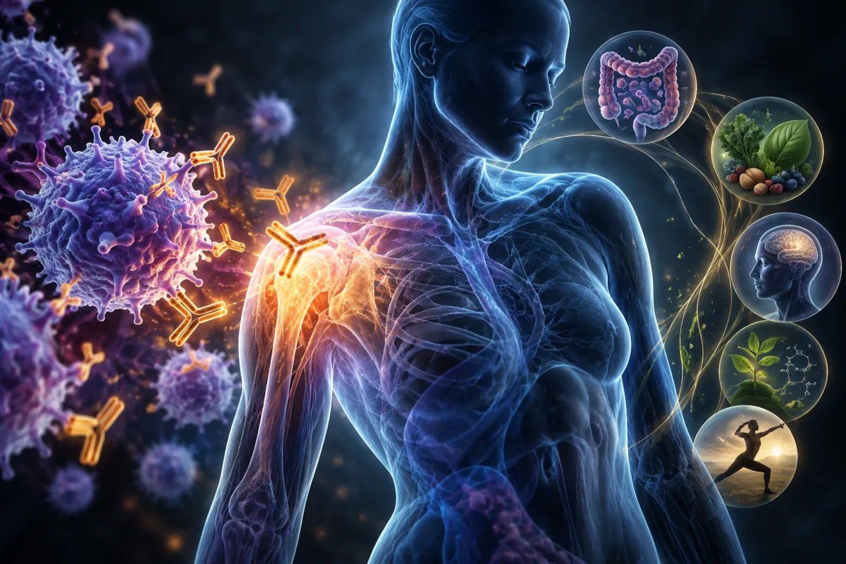 Gold antibodies swarm the inflamed shoulder of a translucent blue body, ringed by gut, food and movement icons.