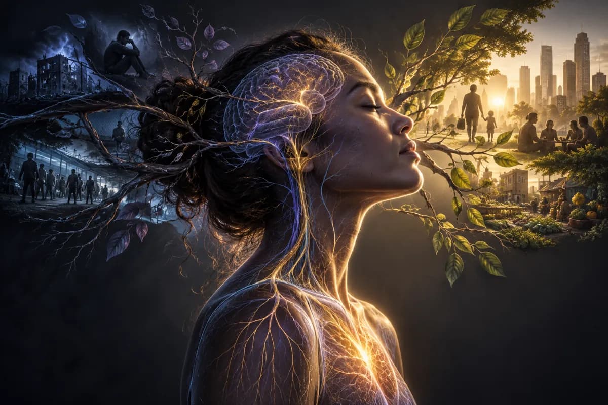 A woman in profile with a lit nervous system, bare branches over a bleak city, green leaves over a thriving one.