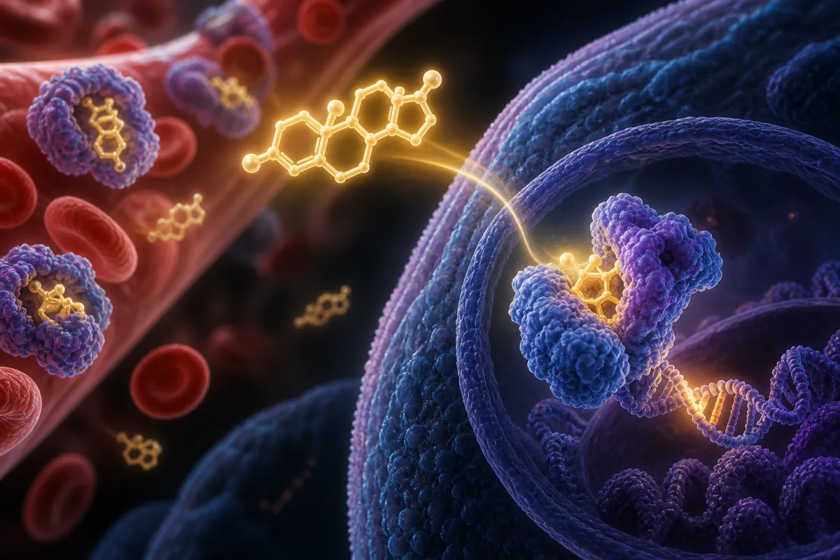 A gold testosterone molecule crosses from the bloodstream into a cell and docks with its receptor on DNA.