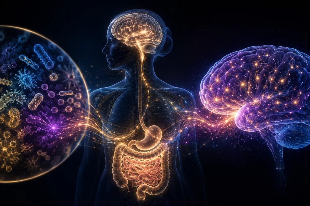 A glowing gold gut and brain joined by a nerve pathway in a translucent body, with gut microbes in an orb.